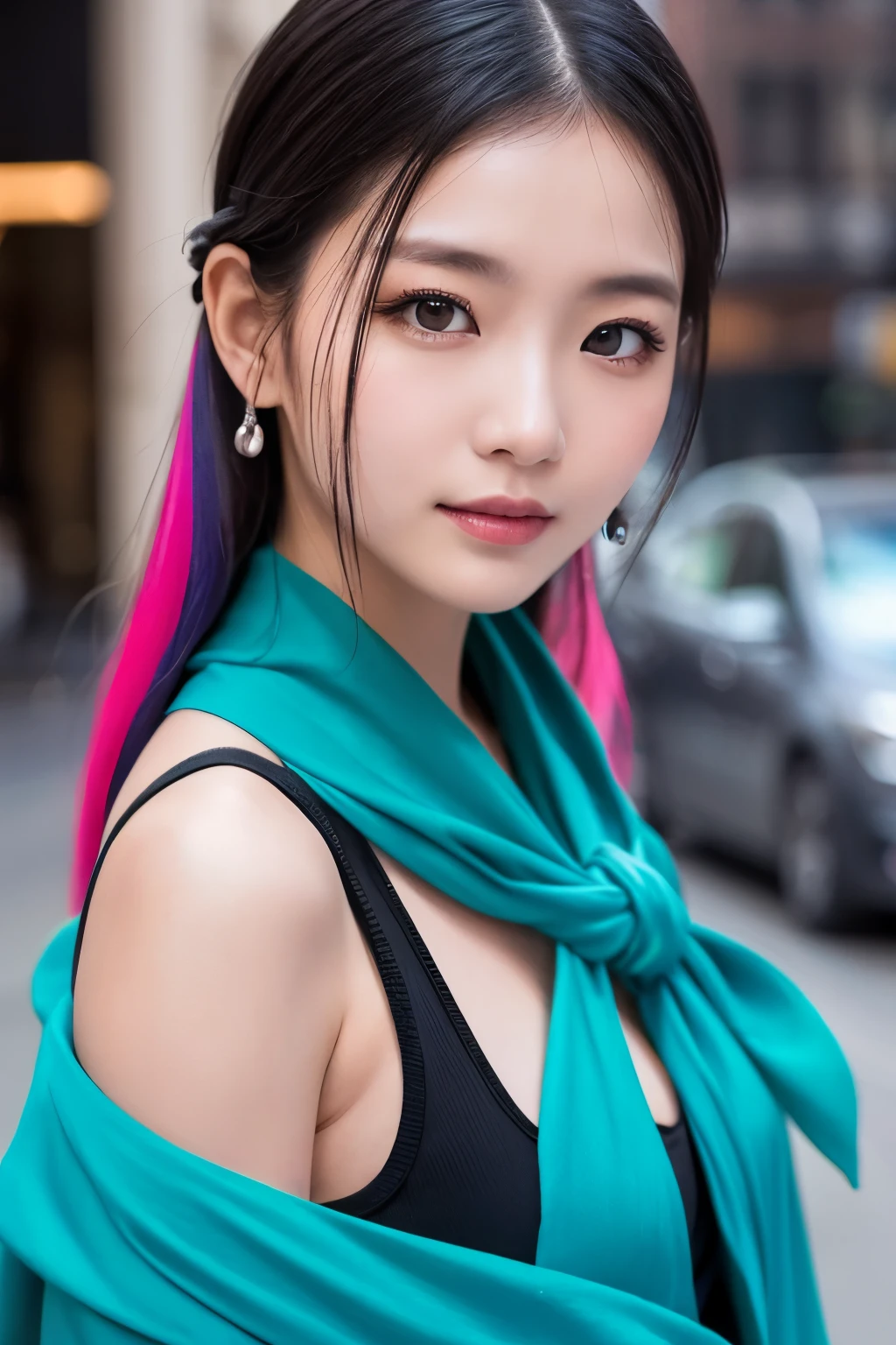 high quality, High resolution, masterpiece, completion, detailed.impressive, Cutting-edge female photography portraits, Showcasing a bold and daring street-art style. Facing forward、A gentle smile、Soft look, cyan, and purple, Her vibrant makeup really catches the eye.. Her colorful hair is tied up high, The contrast with the modern chain top is striking., Blue and pink hues in harmony. 背景には蛍光クロムイエローand purpleの魅惑的なグラデーションが施されています, Blends seamlessly with the dynamic colors of your subject. This powerful combination of hyper-detailed realism and artistic expression creates a vivid, An unforgettable image. The New York Times background adds sophistication and depth.