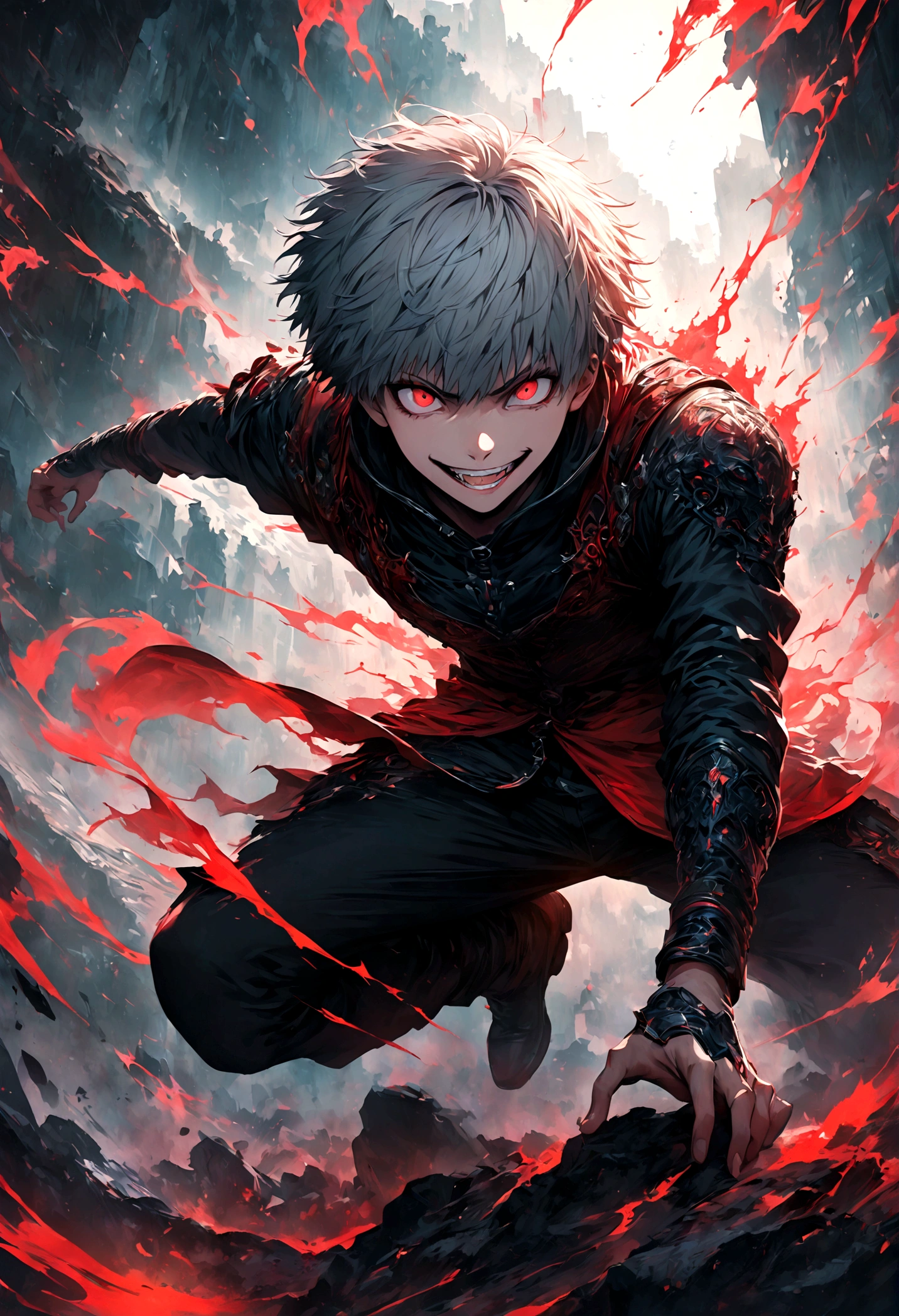 1 male,Kaneki,Tokyo Ghoul,,Midori Ishida's painting style,Intricate details,Use black and white as your main colors,Decadent,artwork,rendering,Dynamic pose,(masterpiece:1.3),(highest quality:1.4),(Super detailed:1.5),High resolution,Very detailed,unity 8k wallpaper,Dark fantasy,Glare,Fighting Style,Crazy Smile