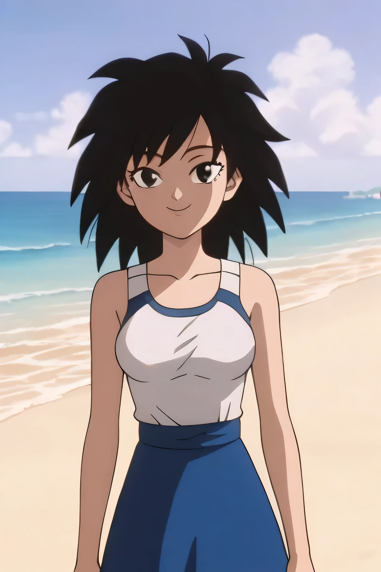 source_anime, score_9,score_8_up, score_7_up, ginedb, anime screencap, 1girl, solo, looking at viewer, smile, medium breasts, black hair, beach, ocean, bare shoulders, medium breasts, smile, arms at sides, cowboy shot, medium hair, black eyes, spiked hair, eyelashes, a white Rosemary Cottagecore Dress, masterpiece, best quality, very aesthetic, absurdres, blue skies, waking on the beach, cowboy shot,