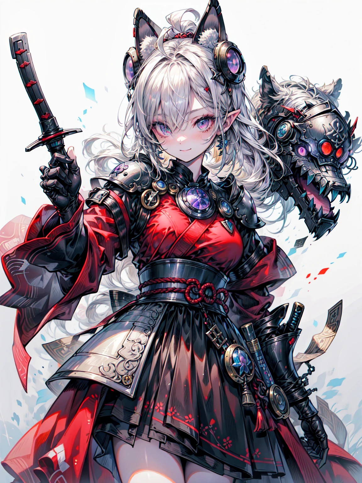 ((最high quality)), ((masterpiece)), ((Very detailedな)),(8k wallpaper:1.2),(超High resolution:1.2),(masterpiece:1.1),wallpaper,high quality,(High detail),(Absurd, High resolution, Very detailed),( 最high quality:1.2),(Dark Souls character:1),（1 girl）、 red、black、Wearing white samurai armor, Holding a sword, Character Concept Art, Surrounded by dead samurai,Dark Souls,granular,Dark fantasy, 最high qualityのデジタルアート, wallpaper 8k、Big Breasts、Blake、Dark Elf), Perfect Face, 優しいsmile、Get used to it, Ahoge, ((Long Hair:1.2)), (Hair above one eye:1.3), [[Messy Hair]], Shiny blonde white hair, Purple eyes, Variegated eyes, Colorful Hair, Shining Eyes, (eyelash, eye shadow, ピンク eye shadow), bright, smile, design art by Mikimoto Haruhiko, by Kawashi, by Yoshitaka Amano, Dark brown skin