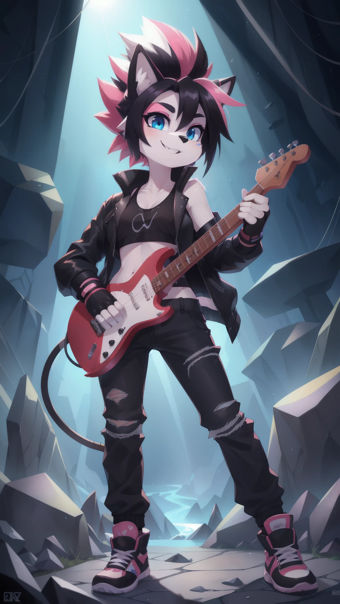 furry girl, dog, multicolored hair, pink hair, black hair, mohawk, makeup, black eyeshadows, blue eyes, ((fingerless gloves, black rock jacket, open clothes, tank top, midriff, pants, shoes)), instrument, guitar, electric guitar, narrowed eyes, detailed body fur, detailed face, detailed eyes, glistering body, shiny body, gorgeous body, skinny, solo, :3, white body fur, sharp teeths, smilling, rock stage,