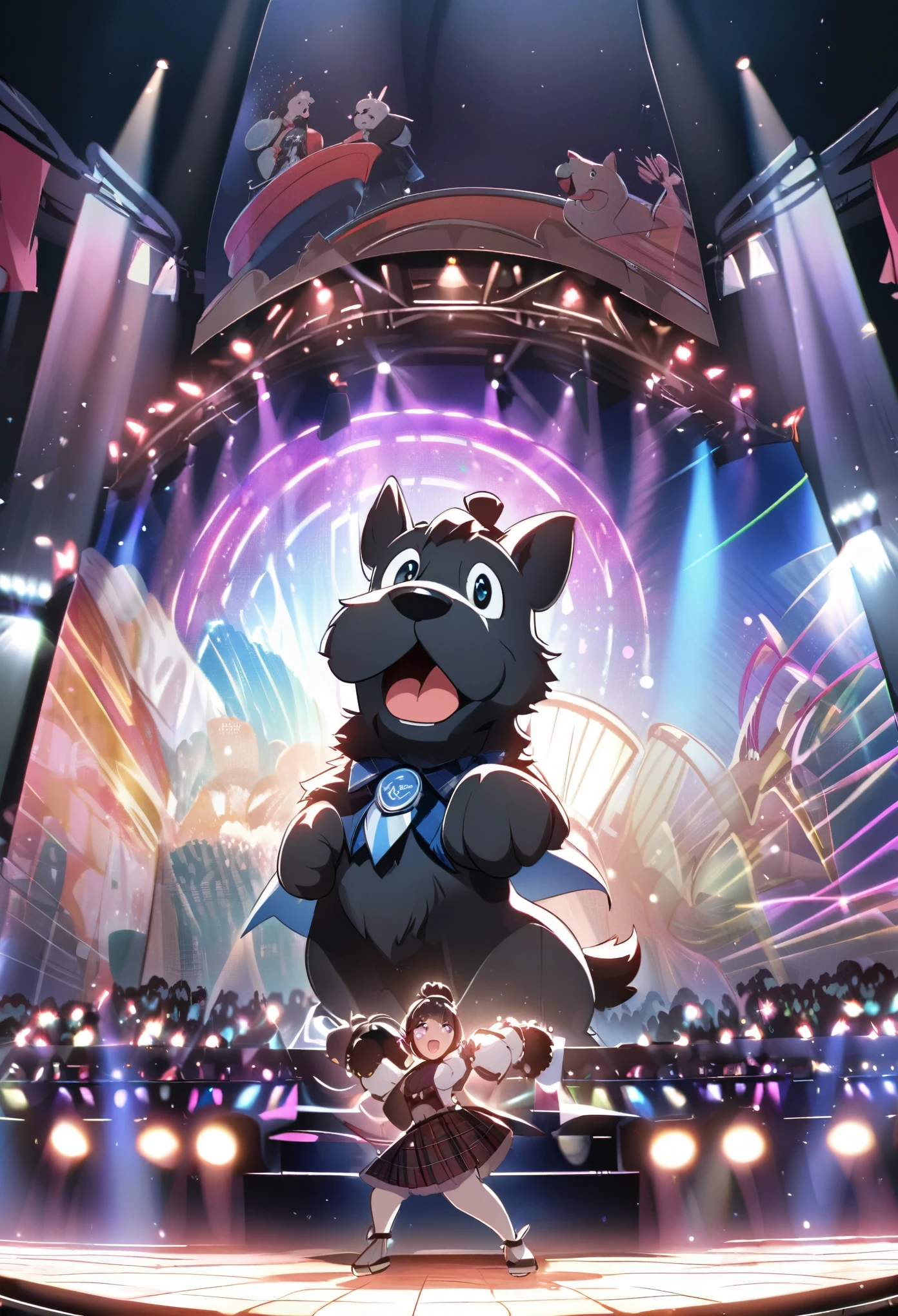 （Charismatic man with a top knot, On a lively stage, Captivate the crowds with an impressive light show）Vocalist Male Cartoon、Anthropomorphic Scottish Terrier Dog