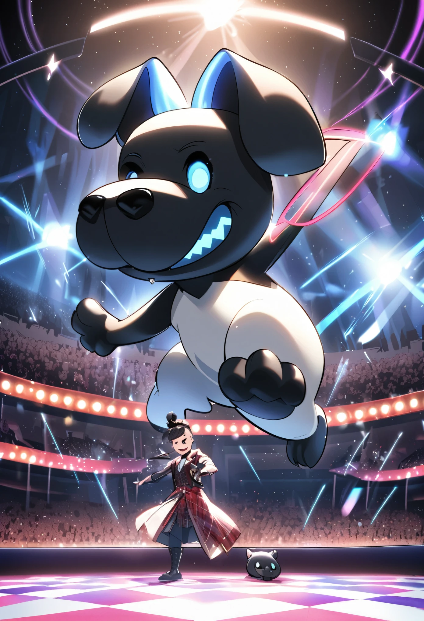 (Charismatic man with a top knot, On a lively stage, Captivate the crowds with an impressive light show)Vocalist Male Cartoon、Anthropomorphic Scottish Terrier Dog