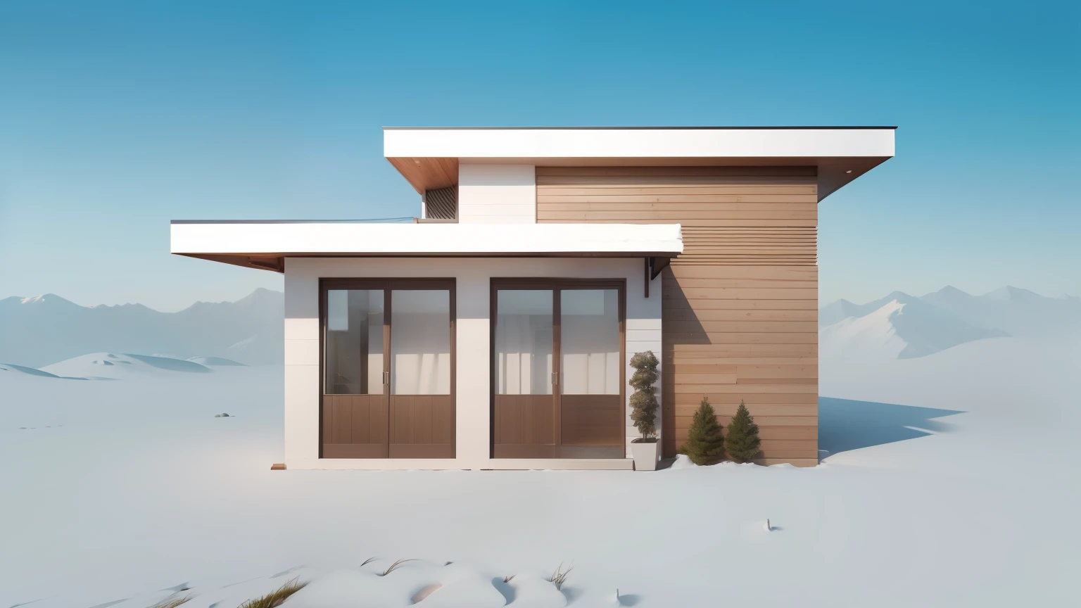 Idea. Small single storey house. Area of 50-100 square meters. Suitable for a vacation house or mountain resort or flat area. Can be an idea. Simple material. White building. Windows and doors are wooden material. There is a balcony to relax with raised floor to make the house look more open.