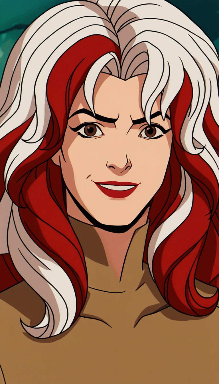 xmen97 style, solo, multicolored hair, 1girl, red hair, red lips, brown eyes, white hair, two-tone hair, smiling, lipstick, long hair, looking at viewer, makeup, portrait, anime coloring, flat color, cel shading, cel shaded, 2d, PonyXLV6_Scores zPDXL, full body 