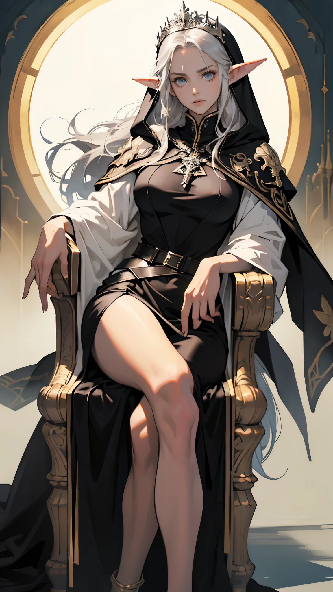 masterpiece, ultra detailed, 8K Portrait, Raw photo, a portrait photo of girl, Highly detailed face, beautiful and meticulous eyes, ((Fantasy)), (elf:1.0), 1woman, 30 year old, gray long hair, brown eyes, melancholy expression, tiara, skinny, (ultra thin black one-piece dress), hooded long white coat Fluttering in the wind, ((bare foots)), Midday Sun, Hyper realistic, out of medieval castle in the sky, sitting on the throne, Ambient lighting, Shadow details , strong breeze, Light fog