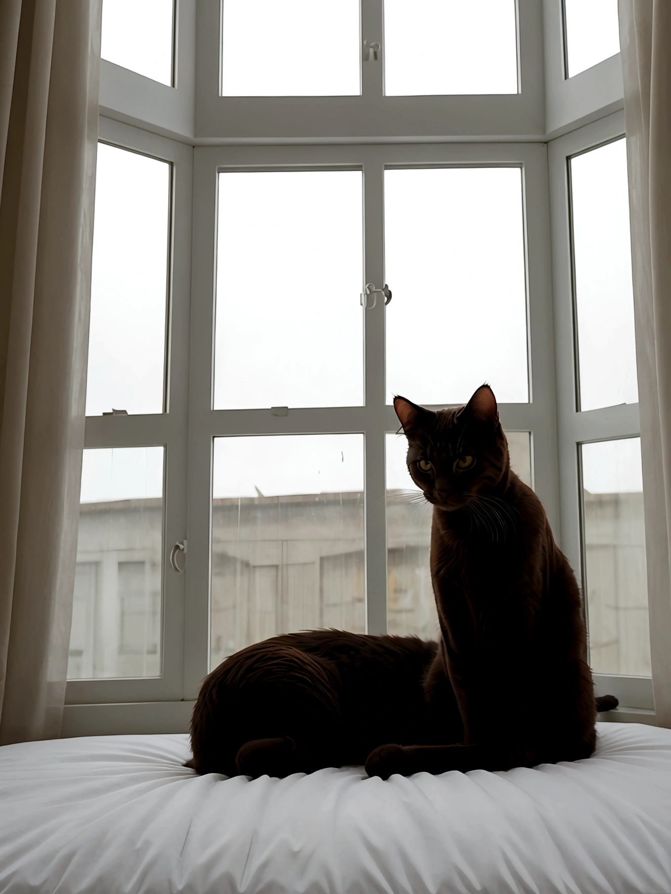 cat sleeping on the bed next to a large window that shows that it is raining, hiper realista, noite, fofinho, foco gato, cat, lindo, janela suavizada