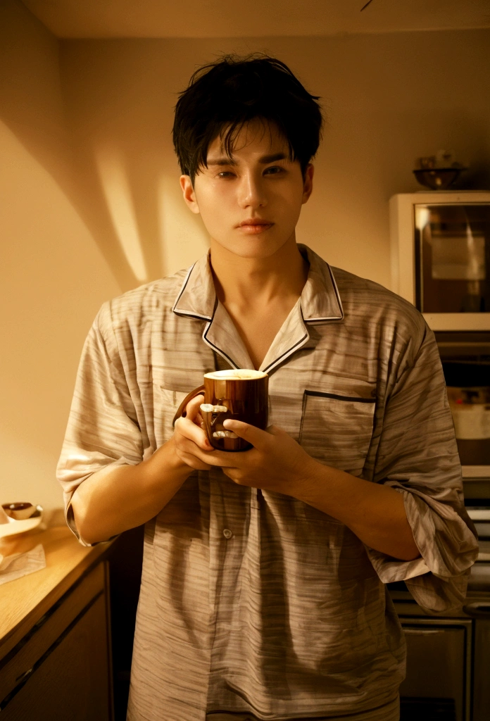 man who wakes up drinking coffee in his pajamas in his apartment and kitchen, clear, luminous, luxe
