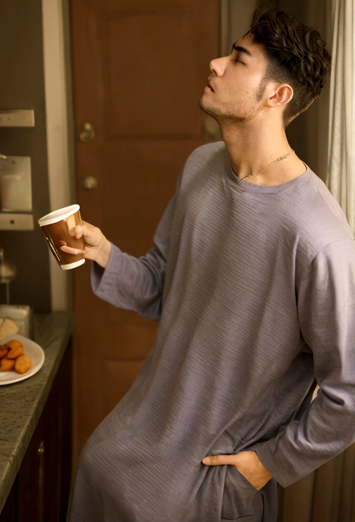 man who wakes up drinking coffee in his pajamas in his apartment and kitchen, clear, luminous, luxe