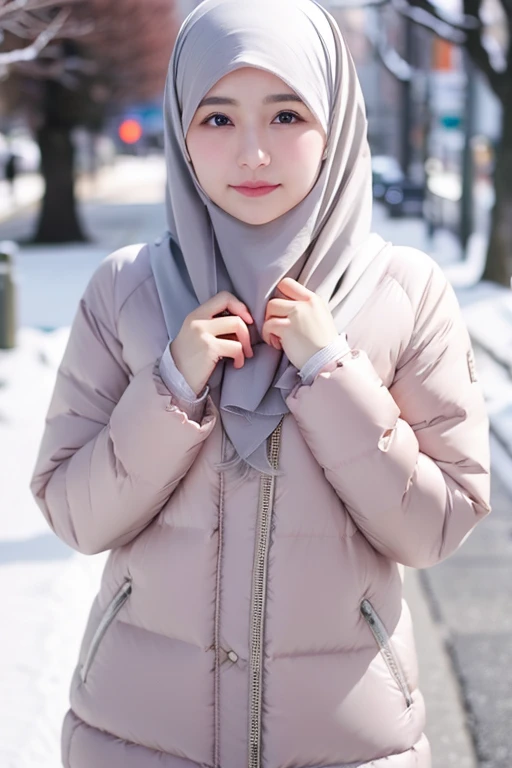 Best quality, 4K, 8K, Detailed faces,fully body photo, Clear face, Japanese muslim girl, 21 years old girl, Pasmina hijab, perfect body figure, Long slim legs, Long down jacket with hood, snowy Tokyo landscape, the street