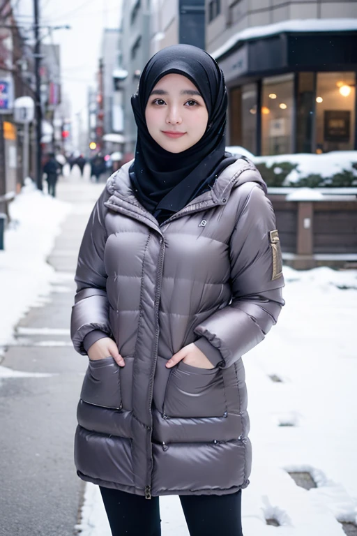 Best quality, 4K, 8K, Detailed faces,fully body photo, Clear face, Japanese muslim girl, 21 years old girl, Pasmina hijab, perfect body figure, Long slim legs, Long down jacket with hood, snowy Tokyo landscape, the street