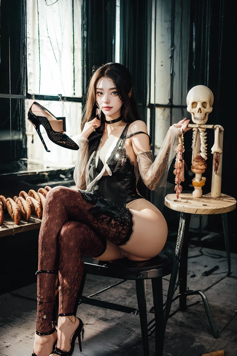 The beautiful girl in lace top and leggings is sitting astride a pile of skeletons in the center of the picture. She is holding a trembling sausage with juice squeezed out in her hand and smiling. There are multiple comic storyboards in the background，cbt, sausage bondage,sausage insertion,Sexy, trampling sausage with high heels heel,(masterpiece, best quality:1.2)，1 beautiful girl,sexy，comic storyboard:2, leggings, sit astride, axially symmetrical:2, ,femdom，sounding，cbt，hold，smile，colorful，leggings，thin gap，cameltoe，insertion，trembling，juice，spray， Long hair,Lace top,Sexy, Shiny leggings, High heel，cleveage, trampling, in forest, saliva , Mucus，