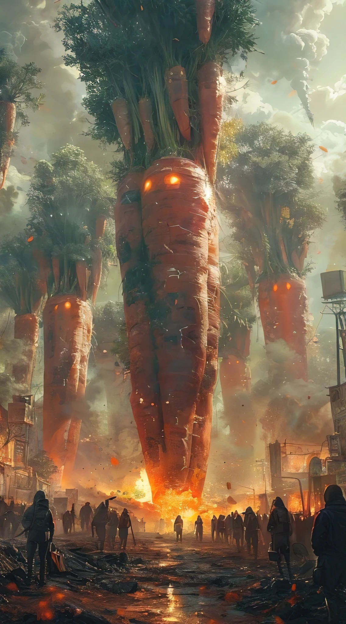 A dark, apocalyptic landscape dominated by towering carrot plants with glowing orange eyes. The sky is a fiery red, and the ground is cracked and barren. In the foreground, a group of humans armed with makeshift weapons confronts the advancing carrot horde, their faces filled with fear and determination.
