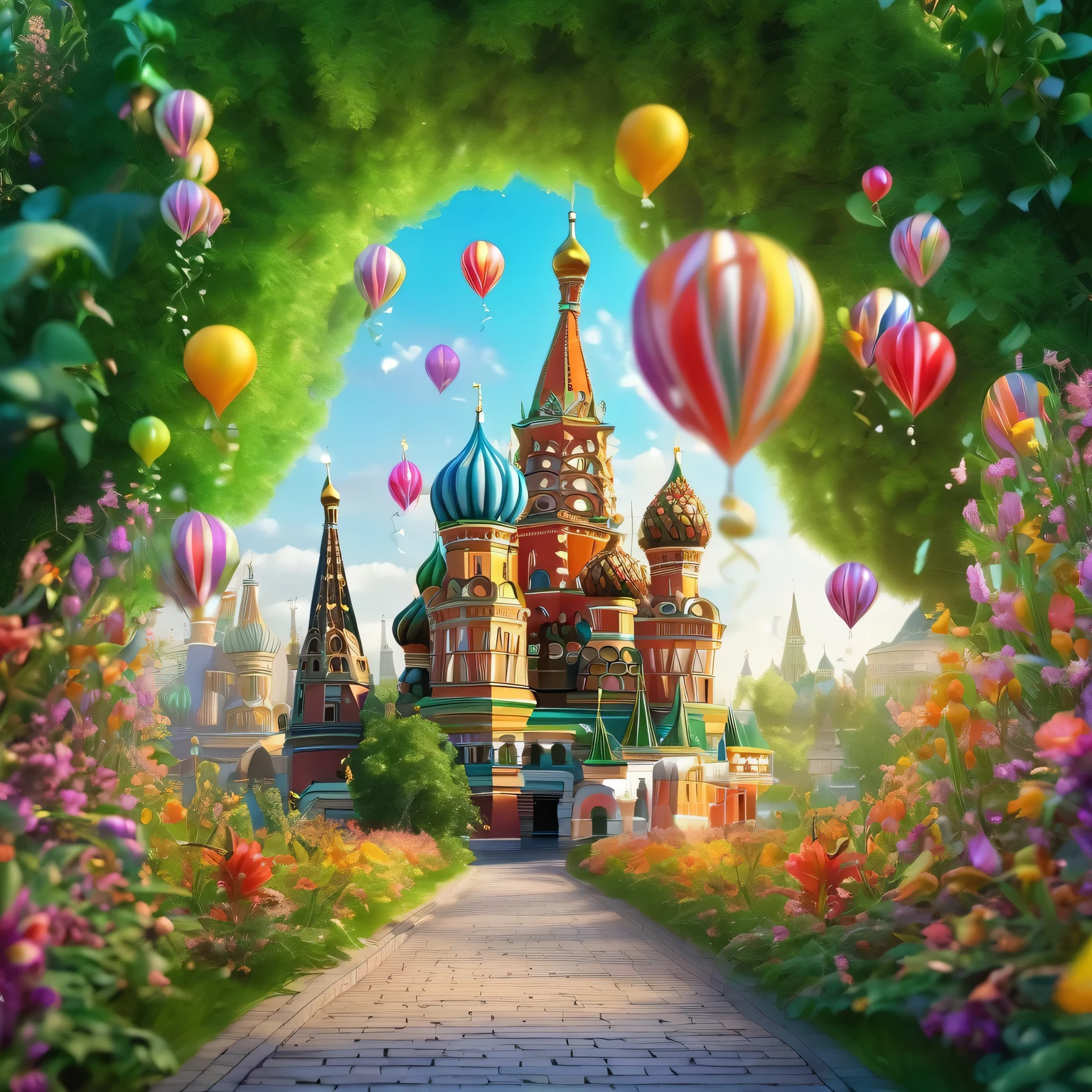 Stunning three-dimensional image, depth of field f0.95, a small fairy-tale world imitating fairy-tale Moscow among magical green fairy-tale trees and bright magical flowers, a fairy-tale world looks like little Moscow with its details and its fairy-tale world, colorful balloons fly up in this small fairy-tale Moscow and an atmosphere of celebration and magic reigns, realistic, magical, in detail