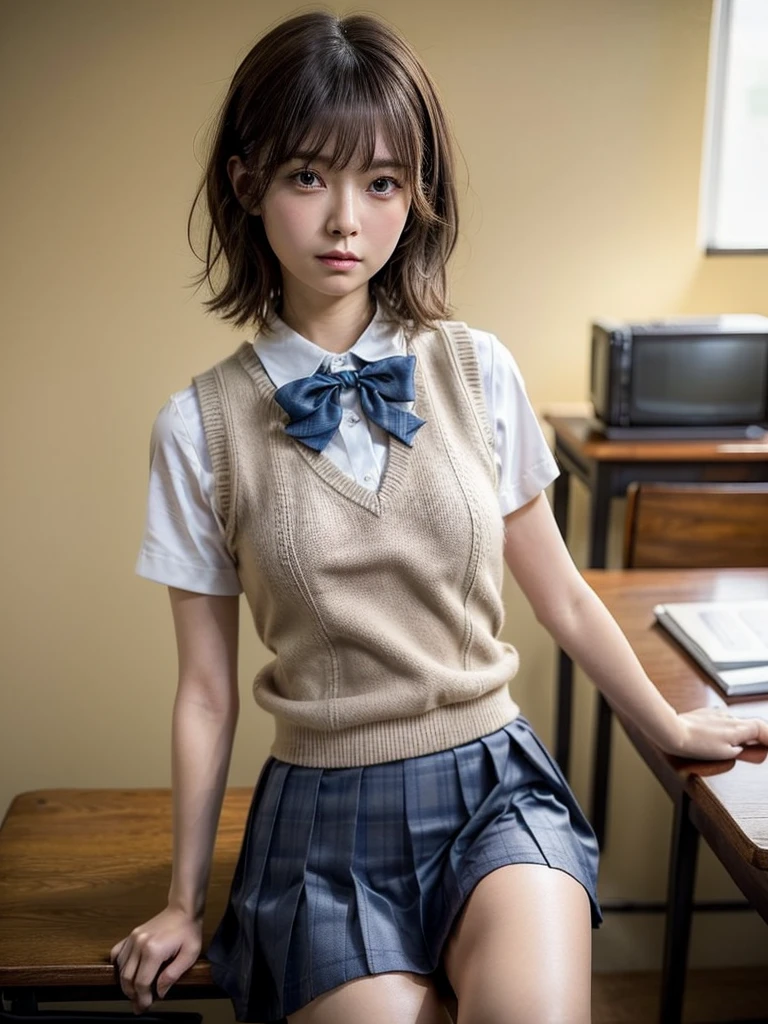 Masterpiece, Top Quality, Top Mikoto, brown eyes, short hair, small breasts, looking at viewer, alone, closed mouth, collared shirt, beige knit vest, dark blue  Skirt, school_uniform, shirt, white_shirt, classroom,Masterpiece, highest quality, 8K, detailed skin texture, fine cloth texture, beautiful detailed face, intricate details, super detailed,cute,cute posing,composition that shows the whole body,