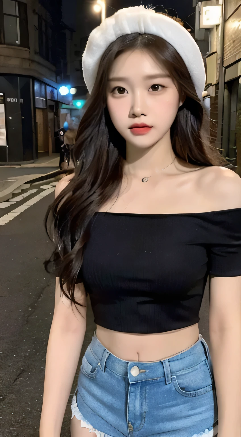 ((best quality, 8K, masterpiece: 1.3)), (Flower Hat: 1.3), focus: 1.2, Perfect body beauty: 1.4, Hips: 1.2, (Layered Hairstyle: 1.2)), (Dark Street: 1.3), Highly detailed face and skin textures, whole body, Delicateeyes, Double eyelids, Skin Whitening, long hair, (Round Face: 1.5), (Loose cropped top, shorts: 1.6)