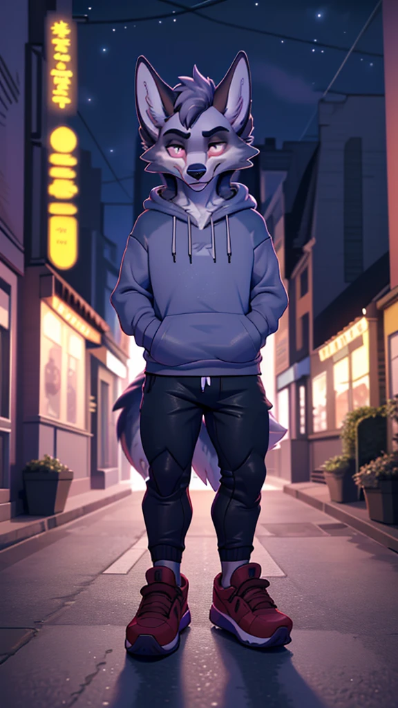 a full body, anthropomorphic brown wolf kid wearing a light purple hoodie, pants, sneakers, wolf face, cute face, glossy fur, big fluffy neckfur, posing for a picture in a hill at night with a city in the distance
