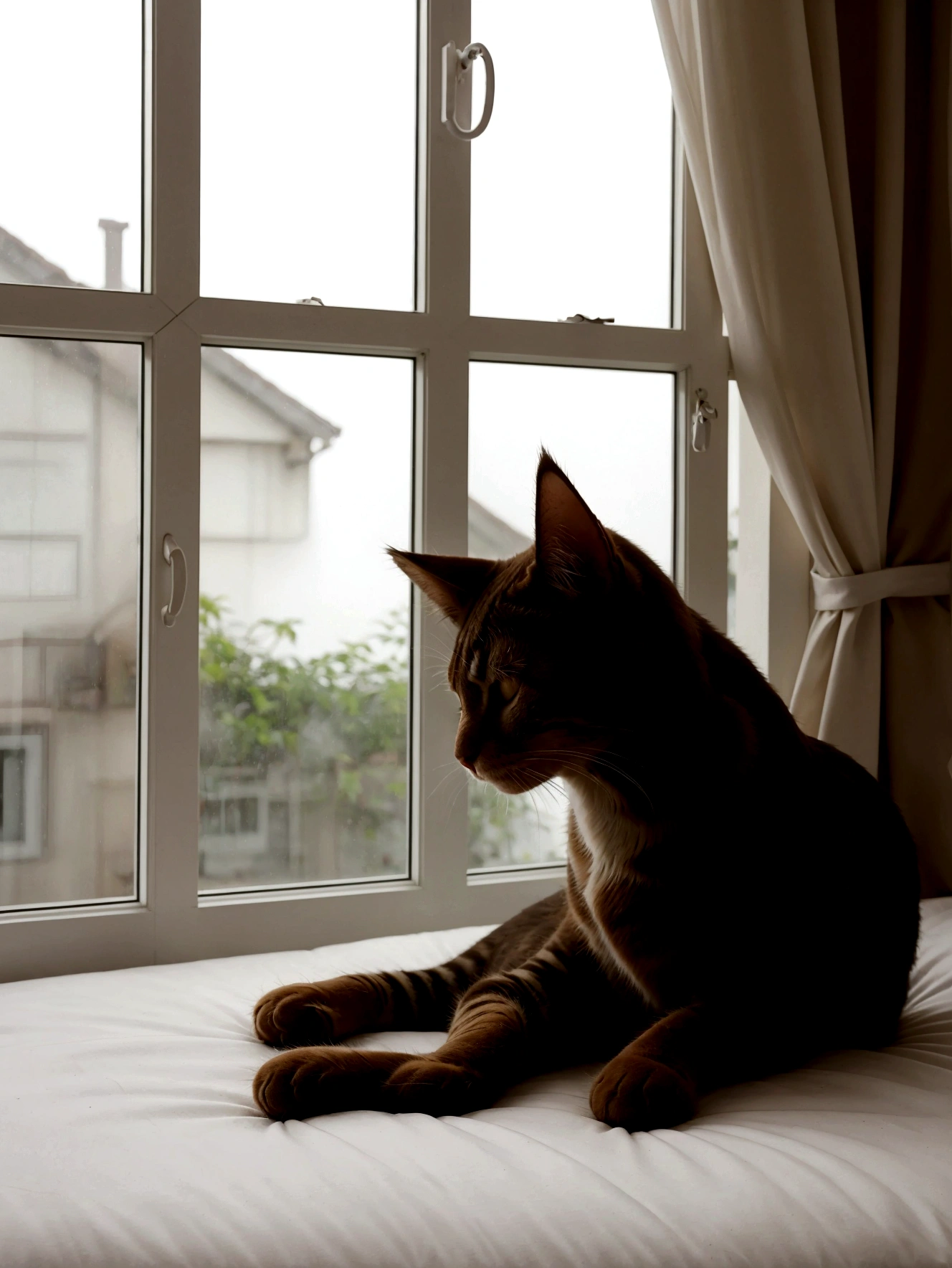 cat sleeping on the bed next to a window that shows that it is raining and at night, hiper realista, noite, fofinho, foco gato, cat, lindo, janela suavizada, noite, de noite 