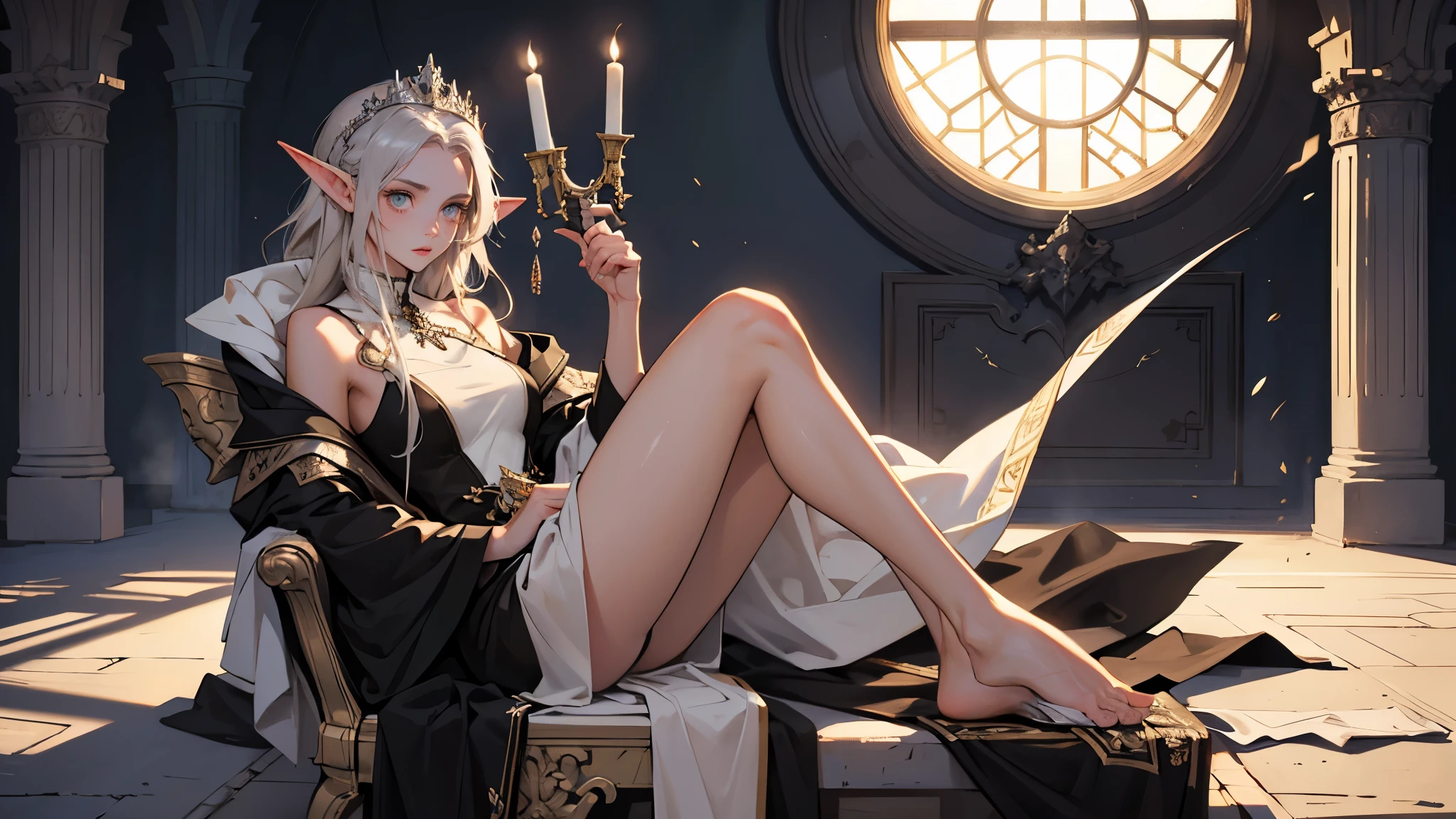 masterpiece, ultra detailed, 8K Portrait, Raw photo, a portrait photo of girl, Highly detailed face, beautiful and meticulous eyes, ((Fantasy)), (elf:1.0), 1woman, 30 year old, gray long hair, brown eyes, melancholy expression, tiara, skinny, (ultra thin black one-piece dress), hooded long white coat Fluttering in the wind, ((bare foots)), Midday Sun, Hyper realistic, out of medieval castle in the sky, sitting on the throne, Ambient lighting, Shadow details , strong breeze, Light fog