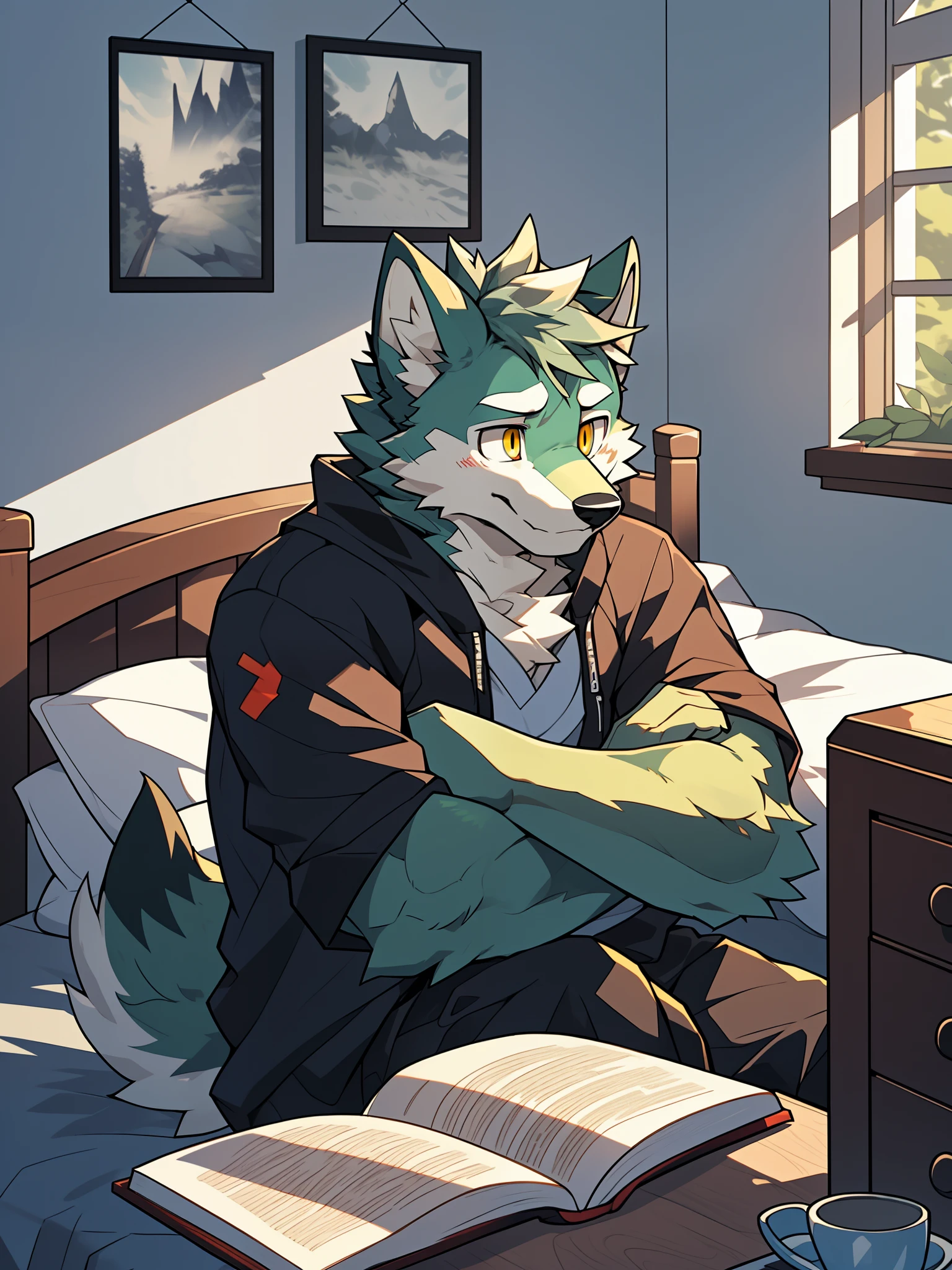(maximum resolution, dynamic HDR, 4k, Full HD) furry, 18 year old, sad, green fur wolf, tall body, green body fur, yellow eyes, random clothes, sad smile on face. ,resting,bedroom,upper body,cute,alone,focused on reading