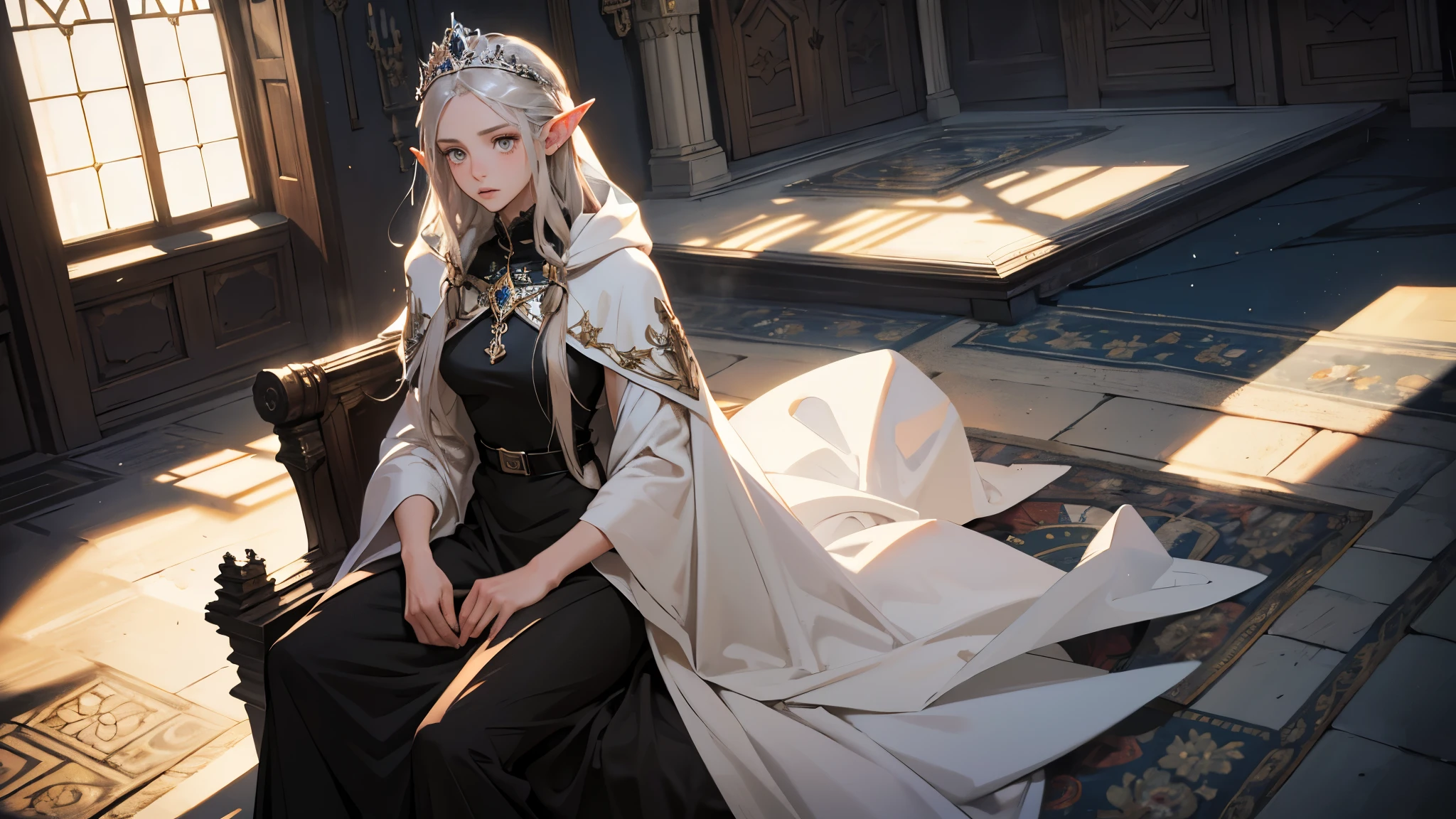 masterpiece, ultra detailed, 8K Portrait, Raw photo, a portrait photo of girl, Highly detailed face, beautiful and meticulous eyes, ((Fantasy)), (elf:1.0), 1woman, 30 year old, gray long hair, brown eyes, melancholy expression, tiara, skinny, (ultra thin black one-piece dress), hooded long white coat Fluttering in the wind, ((bare foots)), Midday Sun, Hyper realistic, out of medieval castle in the sky, sitting on the throne, Ambient lighting, Shadow details , strong breeze, Light fog