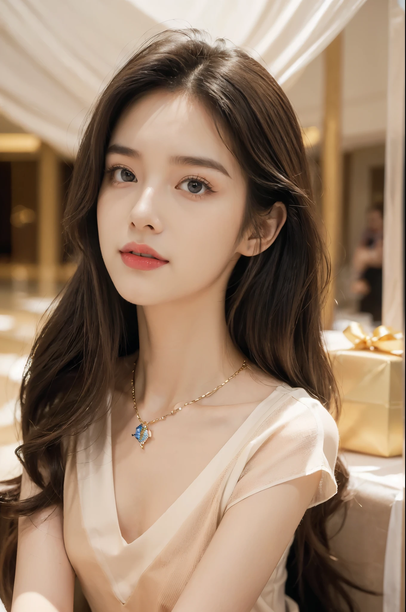 ((((8k))),((Extremely meticulous CG)) ,(wallpaper),16k,((Extremely refined and beautiful)),(((Masterpiece))),(((best qualtiy))),(((Ultra High Resolution))),beautiful light up,Perfect lightning,realistic shaded,(Smooth and flawless skin:1.5),(Extremely exquisite facial details:1.2),(perfect body:1.2),(ultra-detailed),((A beautiful girl,solo)),(small head:1.2),(pale skin:1.3),(medium straight hair:1.2),(small face:1.2),(baby face:1.3),(Exquisite makeup:1.2),(small breasts:1.2),(flat chest:1.3),((slim,thin)),(laughing:1.2),(short sleeves:1.2),(crystal necklace:1.2),(shirt dress:1.5),(pantyhose:1.3),(indoor:1.3),(summer:1.3),(detailed background:1.5),(sitting on the gift box:1.3),(arms behind back:1.2),(upper body:1.3),(from front:1.3),(day scene:1.5),(many gift boxes of various colors:1.3),(In a luxurious shopping mall:1.5),(bright and vivid colors:1.3)