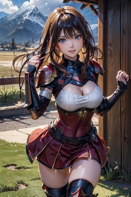 #Basics A girl is posing for a photo, animeのかわいい女の子, (((One Girl, , 16 years AK
#Clothing Accessories
(((red on black)Armor with a flame motif:1.4) : Breastplate decorated with red gemstones + Long dress style:1.4 + Gauntlet + Knee-high boots with knee pads + A long red cape with shoulder pads, He holds a sword at his waist., Equipped with a shield),
BREAK
#Features
(Blonde:1.4, Bangs that cover the eyes:1.4, (Very long back hair + Thick, curly hair at the back + Wavy back hair + Back hair fluttering in the wind)),
(Droopy eyes,blue eyes), (Small breasts),
BREAK
#expression
(smug face, Grin),
#background environment
((noon, Meadow in a fantasy world +cumulonimbus + I can see the mountains)), #composition (Turning your body to the viewer:1.4, from below:1.4, Cowboy Shot:1.4),
BREAK
#Body parts elements
(Beautiful Hair,Shiny Hair),
(double eyelid, Long eyelashes),
(Expression of fine eyes, Beautiful and delicate eyes, Sparkling eyes, Eye Reflexes),
(Human Ear),
(Beautiful Nose, Thin Nose),
(Glossy lips, Beautiful Lips, Thick lips), (Symmetrical facial features),
(Detailed skin, Textured skin, Beautiful Skin),
BREAK
#Quality
(((highest quality)), ((masterpiece)), ((Very detailed))), ((High resolution), (16k,1080p)),
(Realistic), (Anatomically correct),
((comics, anime)), (3DCG), CG illustration,