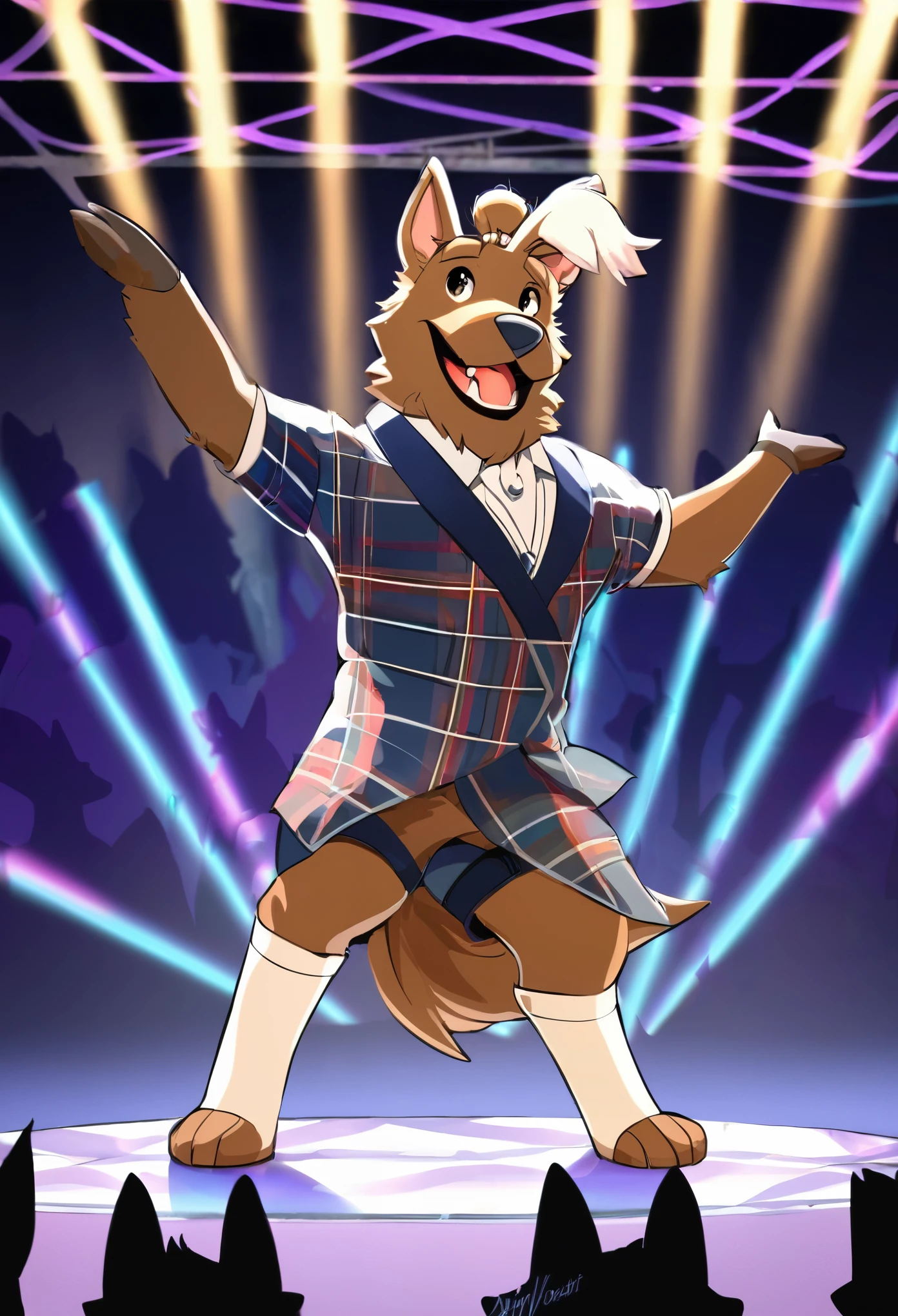 (Charismatic man with a top knot, On a lively stage, Captivate the crowds with an impressive light show)Vocalist Male Cartoon、Anthropomorphic Scottish Terrier Dog