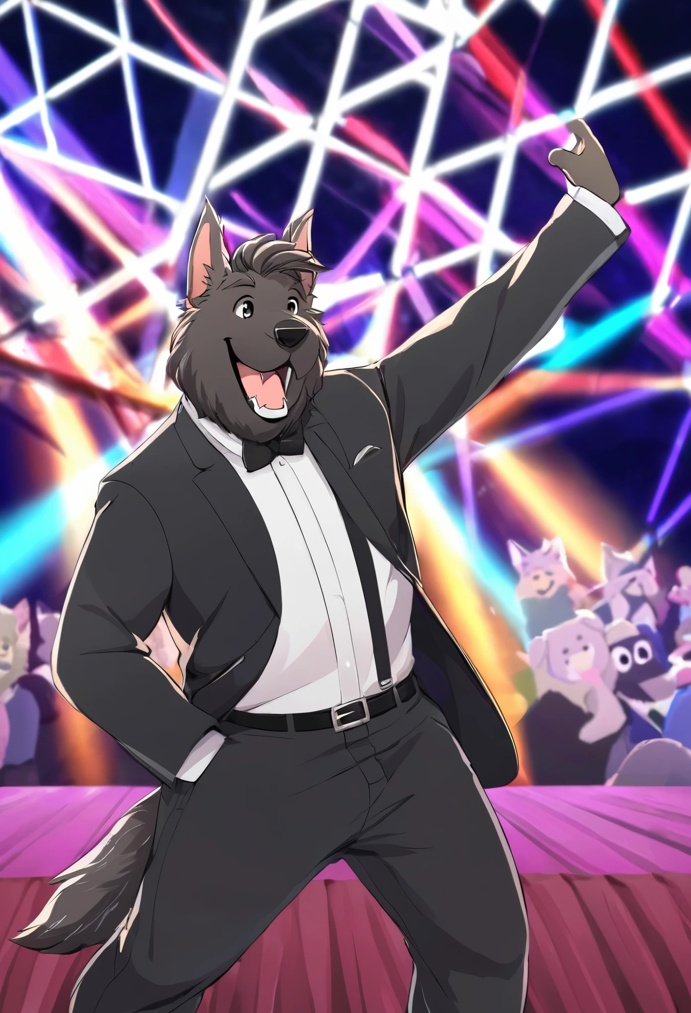 (Charismatic man with a top knot, On a lively stage, Captivate the crowds with an impressive light show)Vocalist Male Cartoon、Anthropomorphic Scottish Terrier Dog
