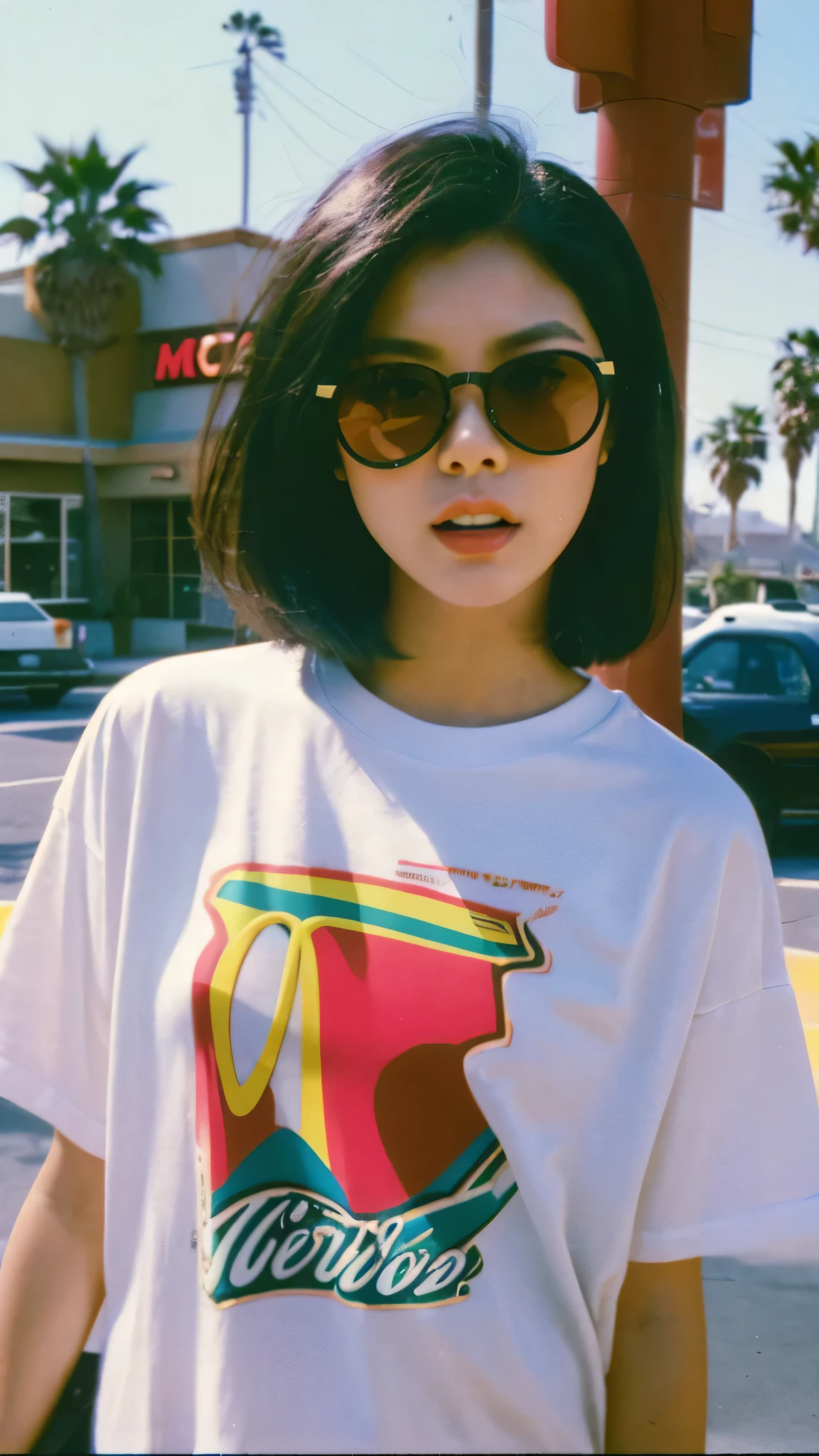 ((long shot photography)) ((best quality)), ((masterpiece)), (detailed), perfect beautiful face ,25 yo cute korean, (like a Jennie Black Pink) perfect face, 35mm film,black bob hairstyles ,found footage, retro,90's,80's, old photo, photo noise, old photo, retro, masterpiece, raw photo, film photo, old, noisy photo, loooking of the camera, casual photo, grain photo, VHS footage, VHS look, chromatic aberration( low chromatic aberration), film footage, grainy photo, dirty photo, posing, retro photo, vintage photo, old, wear (white base oversize t-shirt), red sunglasses, background at 90's (McDonald's Downey California) ,palm trees, blue sky, summer, los angles vibes
