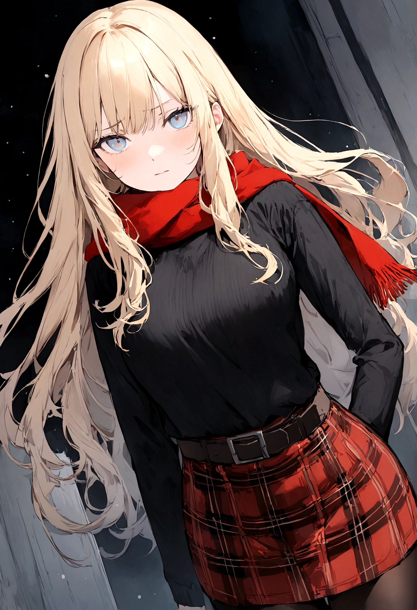 (Artwork), (best quality), (ultra detailed), (straight, blonde and long hair), (illustration), (1 girl), beautiful detailed eyes, delicate and beautiful face, (grayish blue eyes), black turtleneck, a black and red plaid skirt, nylon pantyhose, a red scarf and a belt, cold and postural facial expression