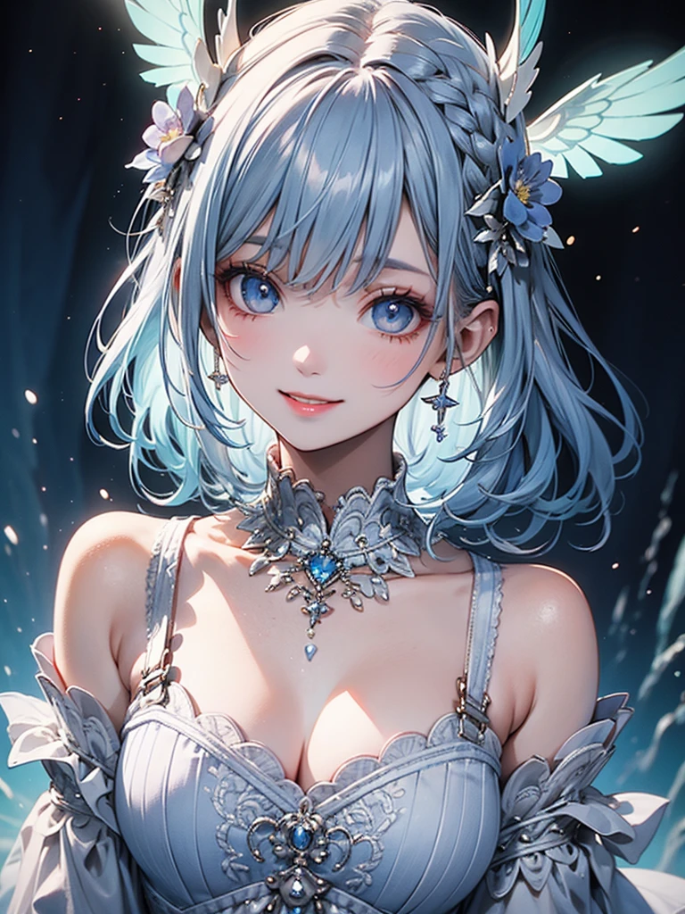 art by Cornflower,(master piece),(4k),high quality,small breasts,1girl,beautiful pastel blue hair,pale skin,beautiful smile,beautiful detailed blue eyes,(light blue collared dress),(multilayered outfit), (Highly detailed elegant), like a dream and happiness atmosphere, Detailed skin, Bokeh, Silky to the touch, Hyper Detail,soft pastel tones,cinematic lighting,in beach