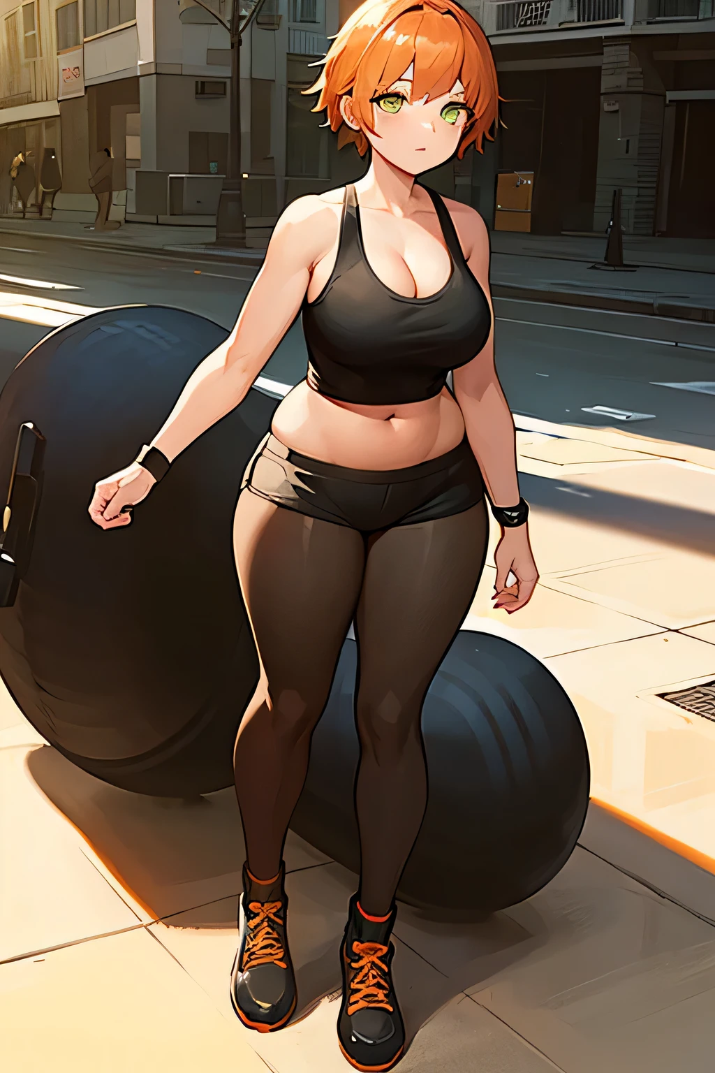 1girl, short orange hair, black-green eyes, orange tank, blue shorts, black footwear, deep cleavage, large breasts, outside, sunny day, realistic, glowing eyes, standing girl, full body, navel, fat girl, city