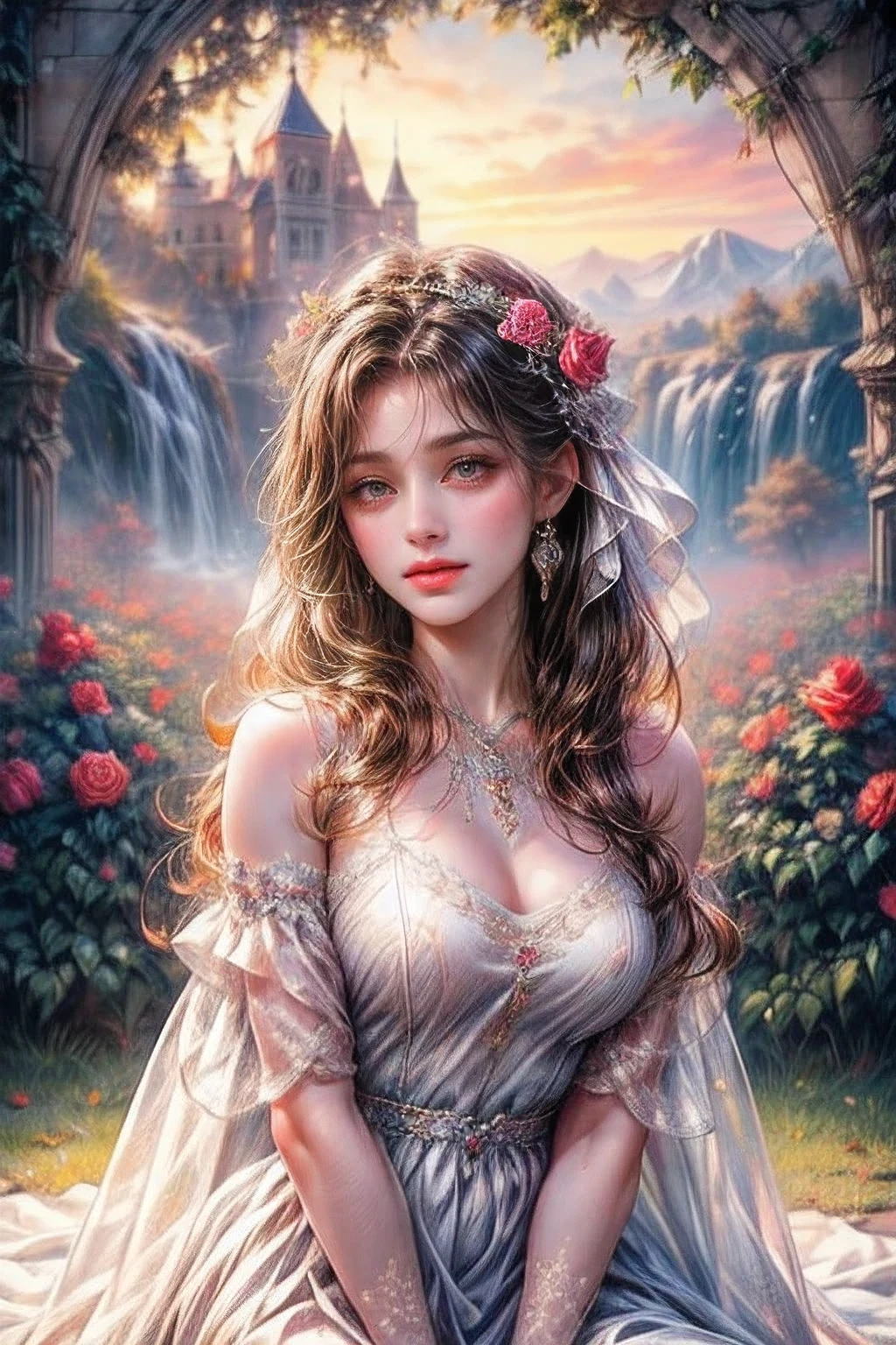 Fantasic Illustration, Masterpiece: 1.2, Highest Quality, Highres, 16k, Beautiful Detailed, Ultra-Realistic, Photo Realistic: 1.37, Beautiful Cute Girl, kneeling in English rose garden,under the rose arch, rose tattoo on arms, growing eyes, shining pupils, blushed cheek, shiny rosy lips, wearing dress show off tattoo, delicate beautiful (hair, face, eyes, pupils, long eyelash), middle breasts,