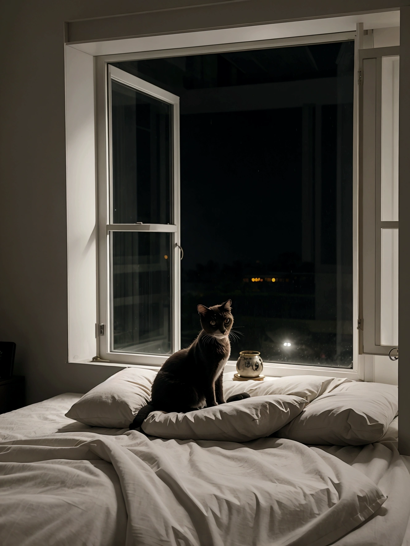 cat on bed with window, night raining
