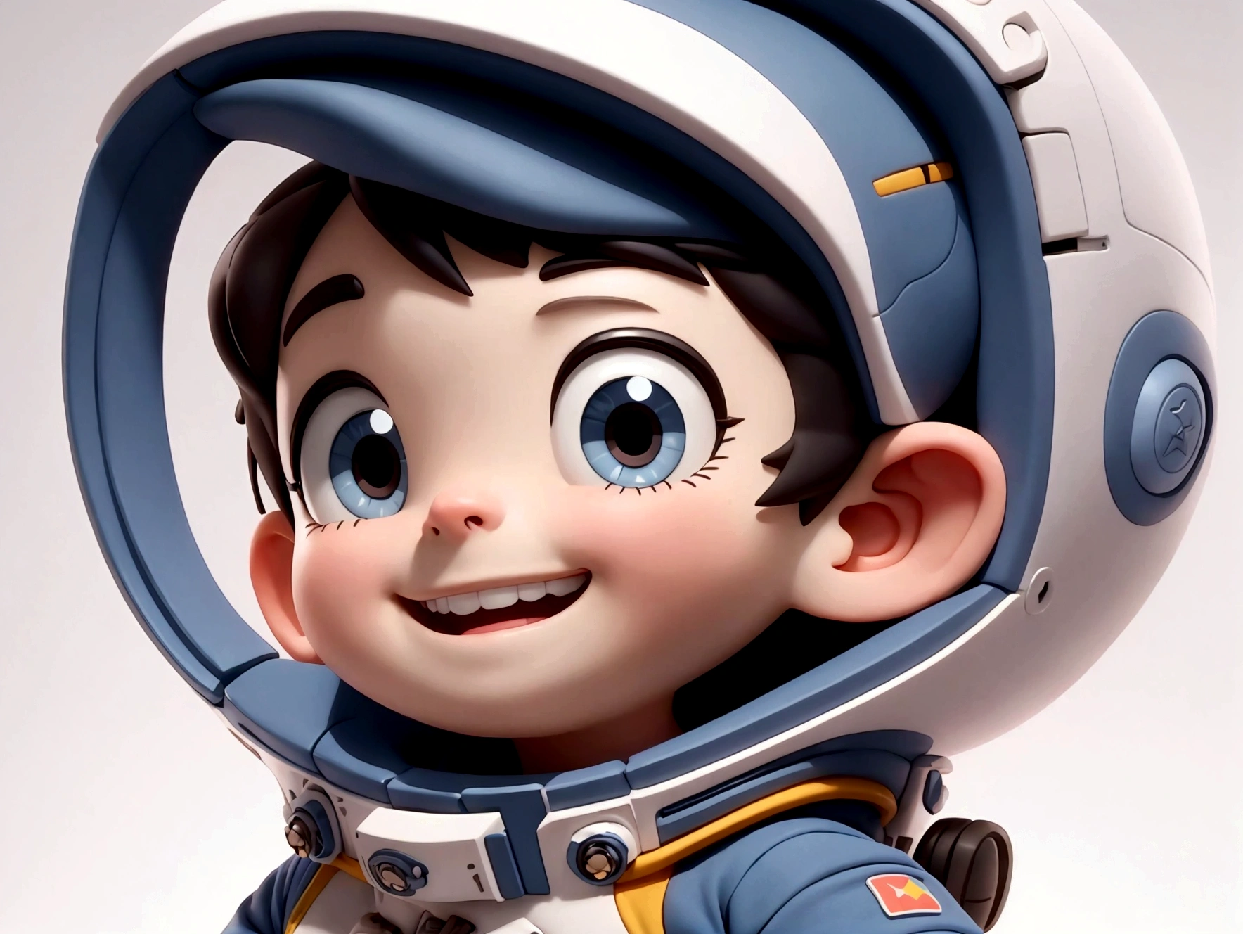 a happy cute boy with short hair, wearing a space costume, white background, the , tone, Pixar Style, 3d, cartoon, extremely detailed face, asymmetric, 16k