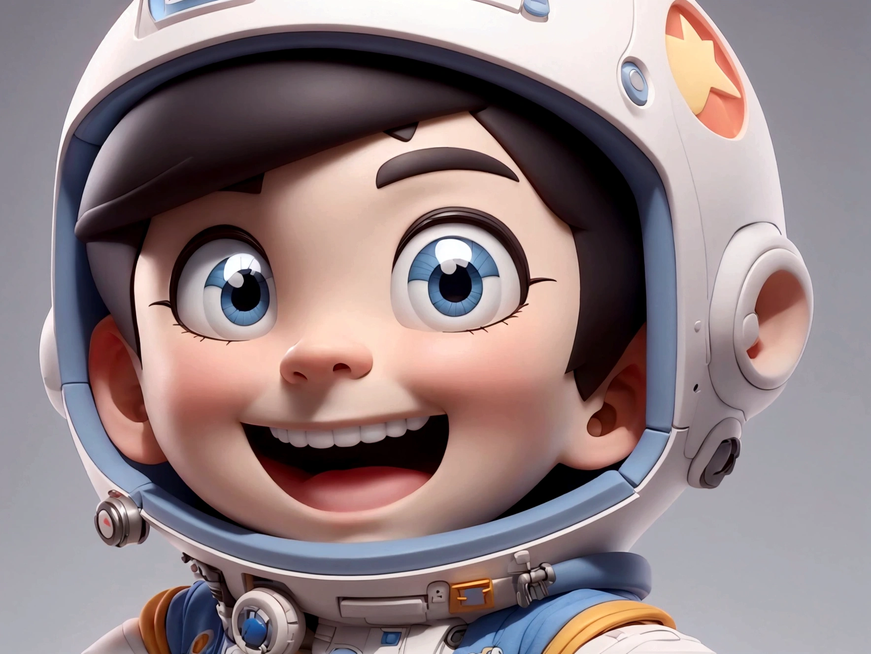 a happy cute boy with short hair, wearing a space costume, white background, the , tone, Pixar Style, 3d, cartoon, extremely detailed face, asymmetric, 16k