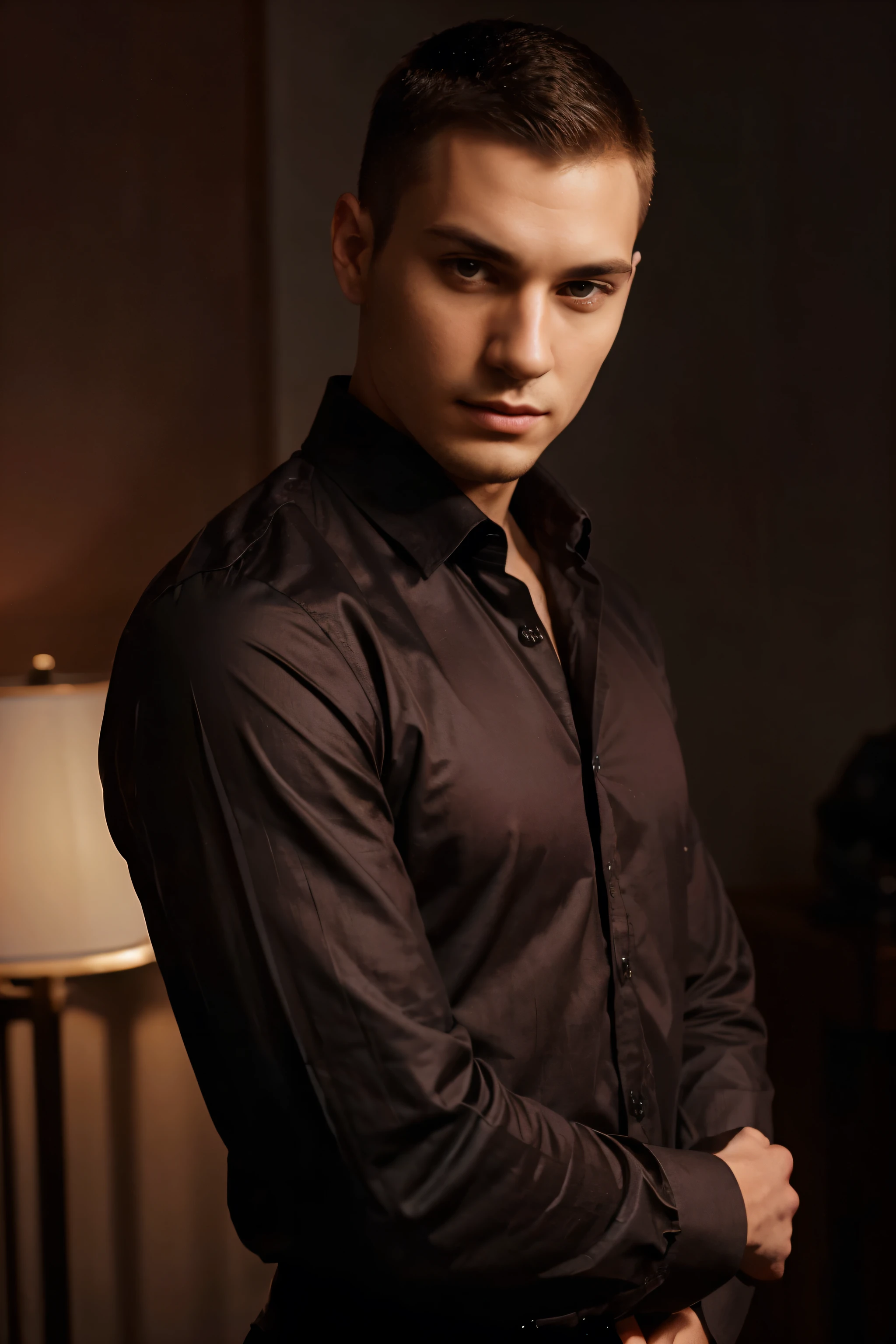 Generate an image of an irresistible 25-year-old man with a military-style buzz cut, wearing a sleek black button-up shirt. Two buttons are casually undone, revealing a hint of his chest. He gazes confidently at the camera with a subtle smirk, embodying both assurance and sarcasm. Behind him, a rich burgundy background fades into a darker hue, creating a gradient effect. The deep red tones complement his demeanor, adding a touch of sophistication and intrigue to the composition. This scene captures the allure and confidence of a young man against an elegant backdrop of colors.