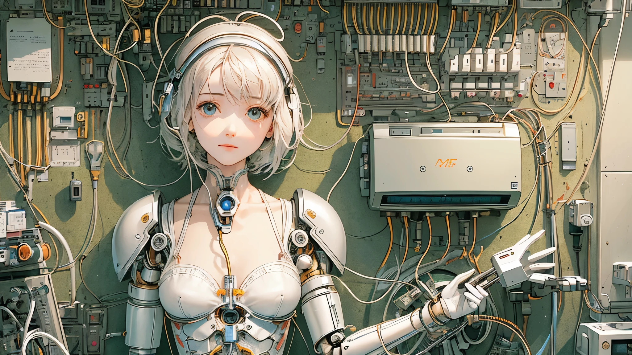 (((masterpiece))), (((highest quality))), ((Very detailed)), (Highly detailed CG illustrations), ((Very delicate and beautiful)),(Cute and delicate face),Light,((1. Machine Girl)),alone,whole body,(Machine made joints:1.4),((Mechanical Limbs)),(Muscles bulge),(Blood vessels are connected to tubes),(Brain in a container:1.3),((Mechanical vertebrae attached to the back)),((Mechanical cervical vertebrae attached to the neck)),((Sitting)),poker face,(Wires and cables attached to head and body:1.5),Small breasts,short hair,(Character Focus),SF