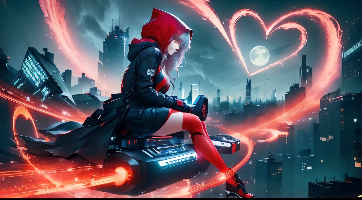 A woman, dressed in a red hood with a thin black border under a black overcoat, stands with her back to us. She wears black tights and a blue t-shirt, her arms hugging a synthesizer. She is seated atop a floating synthesizer, which projects a swirly trail in the air, forming a heart shape behind her. The backdrop is a cityscape, featuring various architectural structures such as buildings and skyscrapers. The sky is overcast, with a large moon visible in the distance. Vibrant red streaks swirl around the woman and the city, adding an aura of energy or magic to the scene.