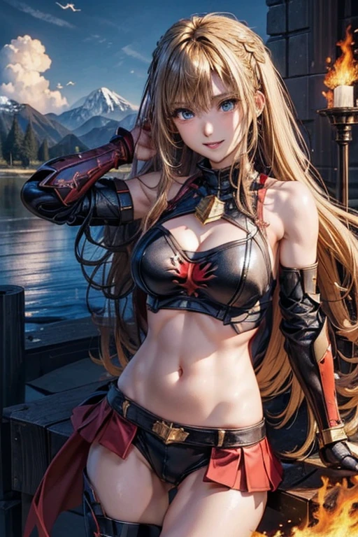 #Basics A girl is posing for a photo, animeのかわいい女の子, (((One Girl, Baby Face, ))),
BREAK
#Clothing Accessories
(((red on black)Armor with a flame motif:1.4) : Breastplate decorated with red gemstones + belly button + leotard:1.4 + Gauntlet + Knee-high boots with knee pads + A long red cape with shoulder pads, He holds a sword at his waist., Equipped with a shield),
BREAK
#Features
(Blonde:1.4, Bangs that cover the eyes:1.4, (Very long back hair + Thick, curly hair at the back + Wavy back hair + Back hair fluttering in the wind)),
(Droopy eyes,blue eyes), (Small breasts),
BREAK
#expression
(smug face, Grin),
#background environment
((noon, Meadow in a fantasy world +cumulonimbus + I can see the mountains)), #composition (Turning your body to the viewer:1.4, from below:1.4, Cowboy Shot:1.4),
BREAK
#Body parts elements
(Beautiful Hair,Shiny Hair),
(double eyelid, Long eyelashes),
(Expression of fine eyes, Beautiful and delicate eyes, Sparkling eyes, Eye Reflexes),
(Human Ear),
(Beautiful Nose, Thin Nose),
(Glossy lips, Beautiful Lips, Thick lips), (Symmetrical facial features),
(Detailed skin, Textured skin, Beautiful Skin),
BREAK
#Quality
(((highest quality)), ((masterpiece)), ((Very detailed))), ((High resolution), (16k,1080p)),
(Realistic), (Anatomically correct),
((comics, anime)), (3DCG), CG illustration,