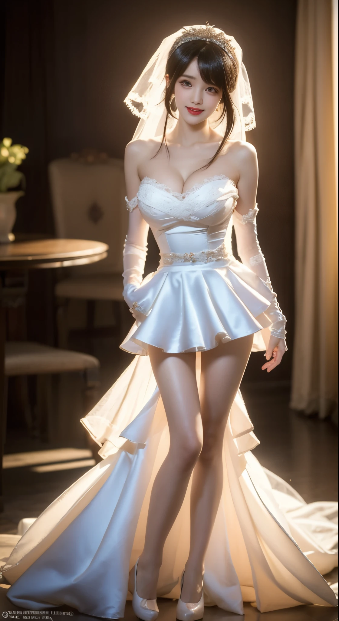 tokisaki kurumi,huajia,wedding dress, ((Bare shoulders)), ((Full breasts)), ((Very big breasts)), ((The skirt is very short)), ((Sexy legs)), ((whole body)), actual, Fashion Girl, red lips, Mature women, Exquisite makeup, big eyes, beautiful, (best quality, masterpiece:1.2), Super detailed, (actual:1.37), ((Random Scenes, Random shooting angle)), Young and energetic, Charming model, (Exquisite eyes, delicate lips), Show a bright smile, Create stunning girl images, warm color, Extremely saturated colors, Official Art, Extremely detailed CG, Unity 8k Wallpaper, (High Dynamic Range :1.4), (Movie atmosphere),(Soft colors), (Natural skin texture, ultra-actual, Soft Light, sharp),(Very detailed), night, moonlight, ((Correct Legs)), ((Anatomically correct))