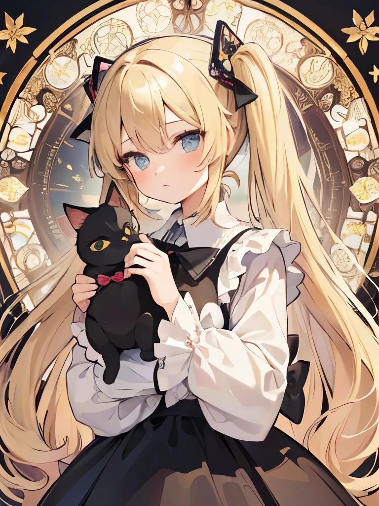 (masterpiece、highest quality、highest quality、Official Art、Beautiful and beautiful:1.2)、(One girl:1.3)Hatsune Miku、Twin tails,Beautiful breasts,Blonde girl in lolita clothes，Holding a tsundere black cat，Floral frame，Decorative panel，Abstract art，Alphonse Mucha&#39;s（masterpiece，highest quality，High resolution：1.4），Detailed，Intricate details，4K，Splashes of color，Line art，Fibonacci，