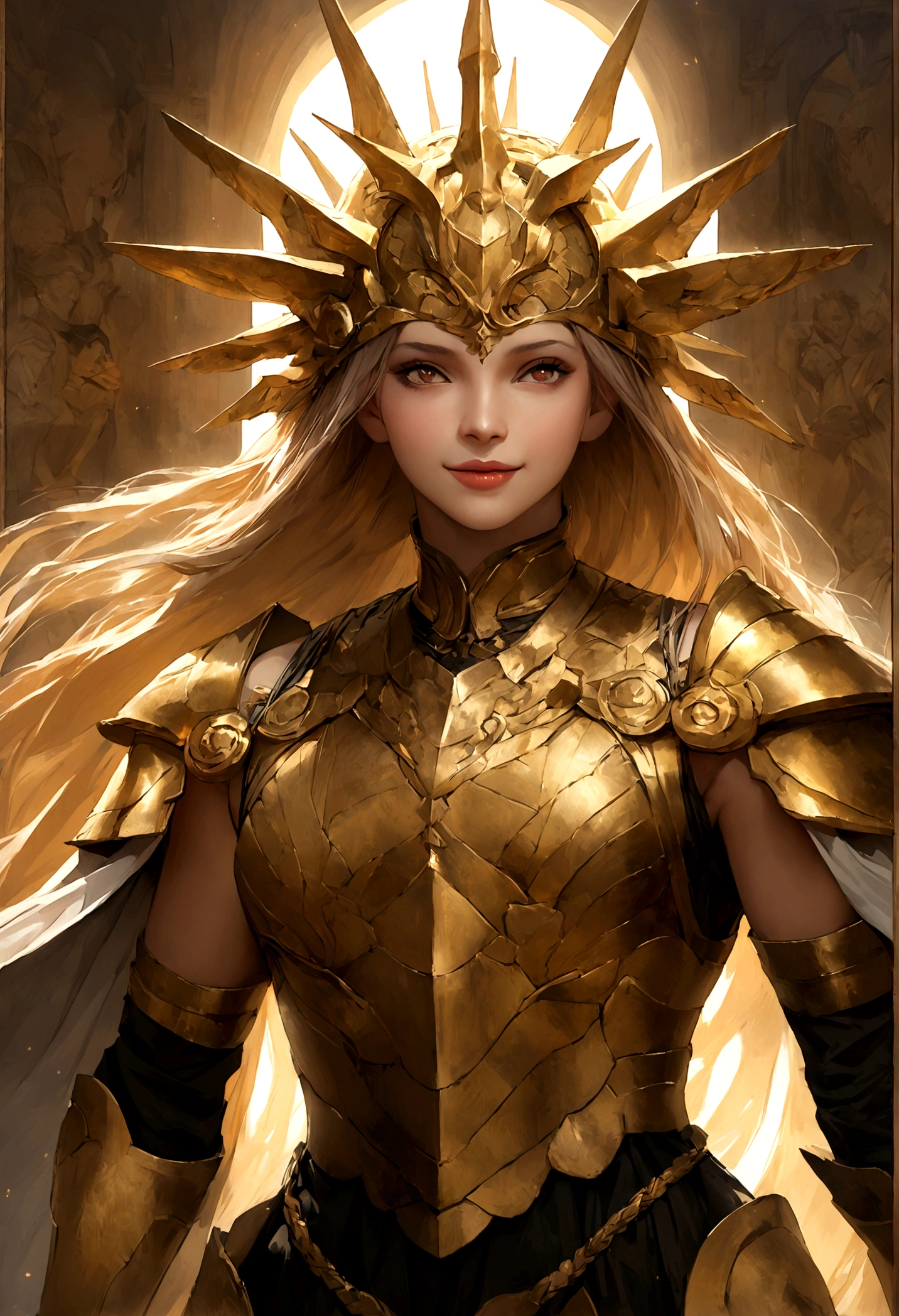 Gilgamesh門を開く. (highest quality,4K,8k,High resolution,masterpiece:1.2),Super detailed,(Realistic,photoRealistic,photo-Realistic:1.37),Portraiture,Painting In this wonderful work of art, Gilgamesh, Legendary heroes, You can see the gates to the majestic city being opened.. This image shows the highest quality and attention to detail., Ensuring a truly immersive experience. Gilgamesh is portrayed with amazing realism, Showing off his powerful physique, Adorned in elaborate armor and lavish costumes. His face is crafted with great care, With strong, determined eyes, Exquisitely crafted facial features, Strong jawline. His Hall々The presence of、This is further accentuated by her flowing locks of hair.。. Gilgamesh巨大な門を開くと, his strength and Decide are palpable. The gate itself is intricately designed., Ornate carvings and intricate patterns, A sense of grandeur and historical significance. Made from the finest materials, Reflecting the expertise of skilled craftsmen. The surroundings are bathed in the warm glow of the setting sun., Creates a dramatic and awe-inspiring atmosphere. The color palette has been carefully chosen to enhance the overall tone of the image., Rich earth tones and vibrant accents bring the scene to life. この作品はPortraitureのようなクオリティを誇っている, Carefully consider the brushstrokes and details、Executed. The detail is truly astonishing., Immerse the viewer in the world of Gilgamesh and the ancient city. The lighting in this piece is superbly executed., By the interaction of light and shadow、Increases overall depth and volume。. Intricate details cast subtle shadows, Add realism and depth to your images. Gilgamesh himself is soft., Warm Light, Further emphasize his importance and power. This piece perfectly captures the essence of Gilgamesh's heroic journey., Show off his strength, Decide,Face to face、Smiling face, a popular face among Japanese girls、Face to faceに、Infinitely live-action