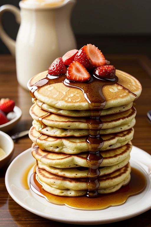 a close up of a stack of pancakes with syrup and strawberries, japanese, living food adorable pancake, pancakes, soft, pancake short large head, soft!!, japaneese style, sus, russian and japanese mix