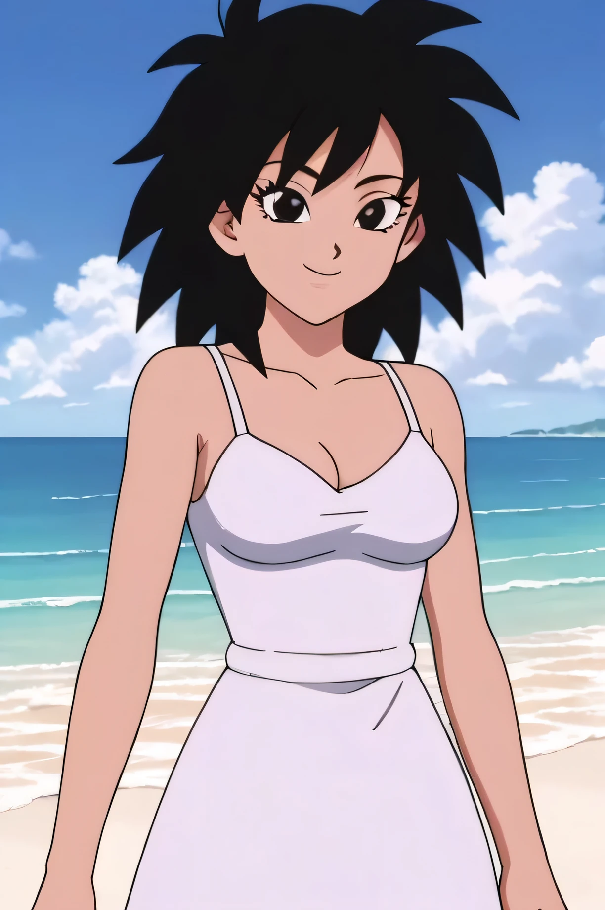 source_anime, score_9,score_8_up, score_7_up, ginedb, anime screencap, 1girl, solo, looking at viewer, smile, medium breasts, black hair, beach, ocean, bare shoulders, medium breasts, smile, standing, cowboy shot, medium hair, black eyes, spiked hair, eyelashes, masterpiece, best quality, very aesthetic, absurdres, taut dress, spaghetti strap, white dress, sleeveless, blue skies, street, standing, cowboy shot,