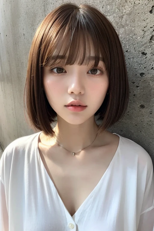 1 girl、22 years old、Brown hair、Straight Bangs、Bob Cut Hair、Concrete walls and floors、Transcendental Silence、Depth of written boundary、White shirt、Absurd、Hmph、Ultra-detailed illustrations、Highly detailed face、Raw photo、Film Grain、deviantart Trends