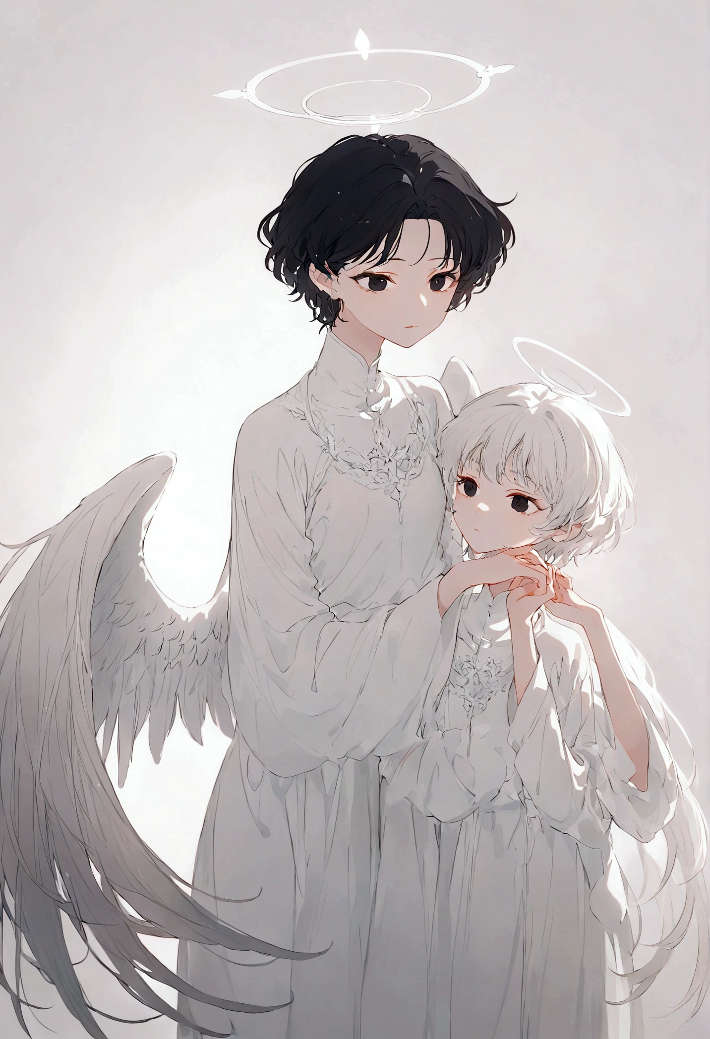 Black Hair,short hair,black eye,Angel white wings,Angel Halo,White clothes,Gender unknown,Expressionless,No breasts,Thick Coating