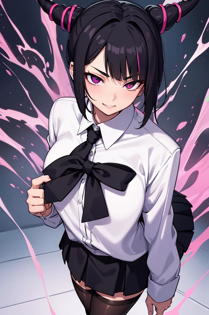 juri han, work of art, tight white secretary shirt with black tie, black high waist skirt, short skirt, short hair, black hair, black tights evil smile,oculos