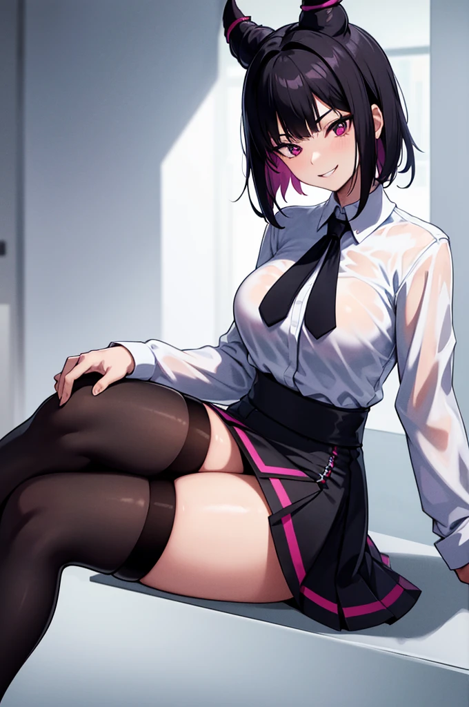 juri han, work of art, tight white secretary shirt with black tie, black high waist skirt, short skirt, short hair, black hair, black tights evil smile,oculos
